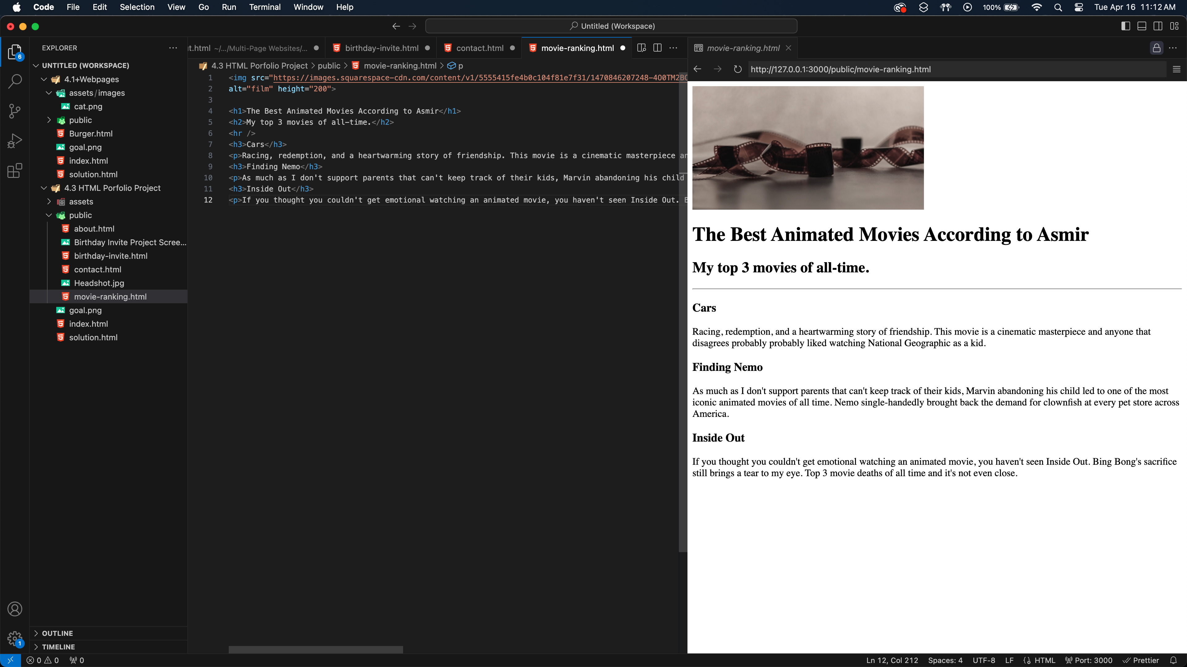 My Top Animated Movies Coding Project Screenshot
